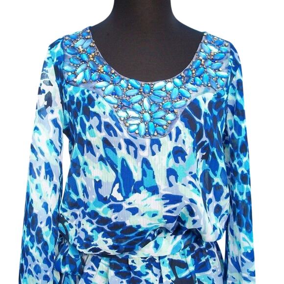 Cache Blue Elaborate Embellished Peasant Boho Top + Belt Sheer Illusion $138 NWT - Picture 2 of 4